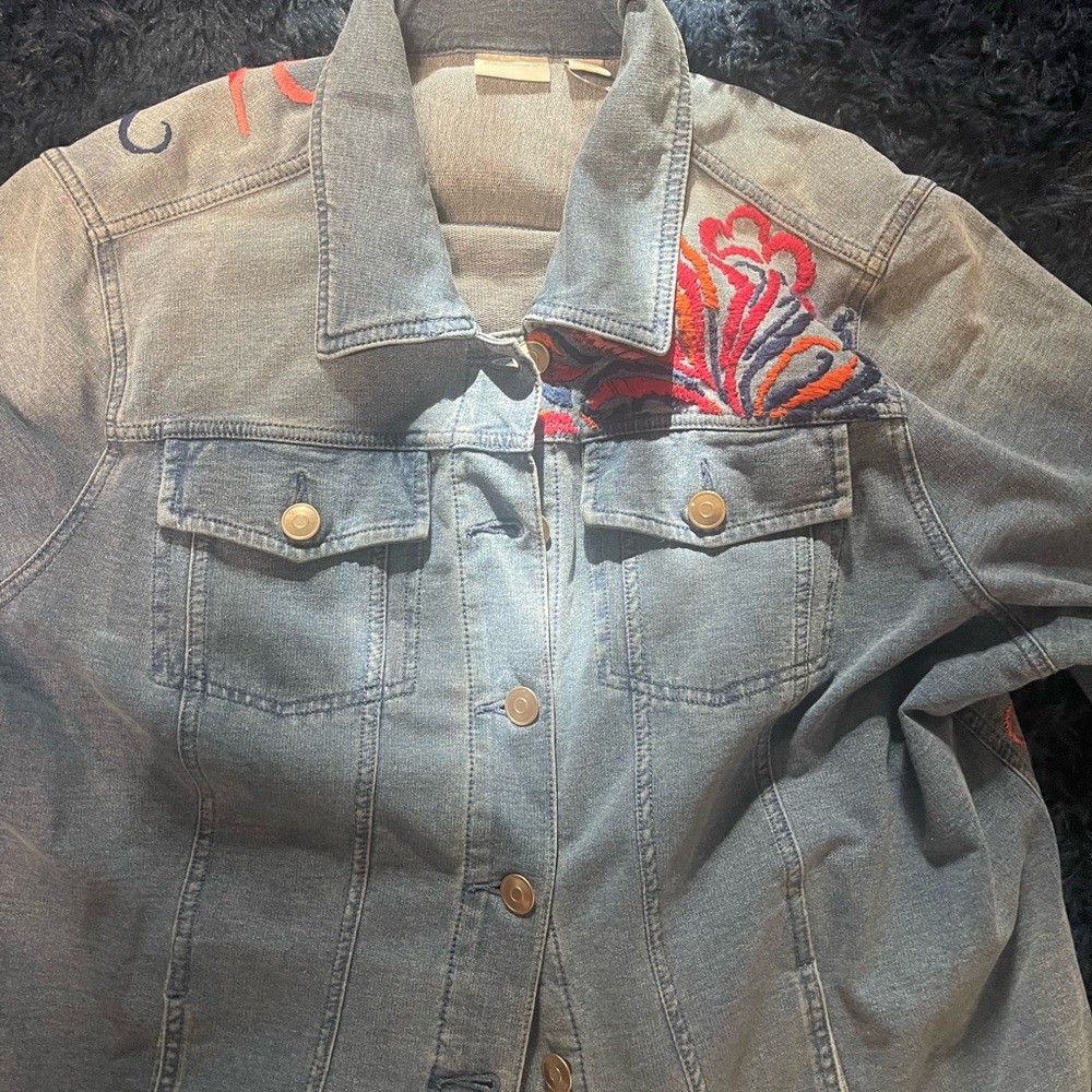 Chico's Denim Jacket with Red Embroidery
